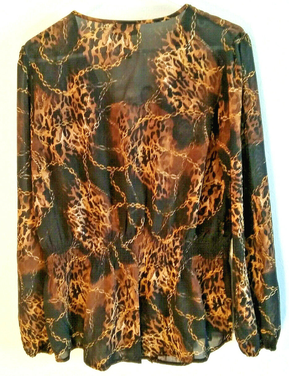 Miss Tina NWT size LG 12 14 blouse shirt top brown animal print sheer ruffle NEW