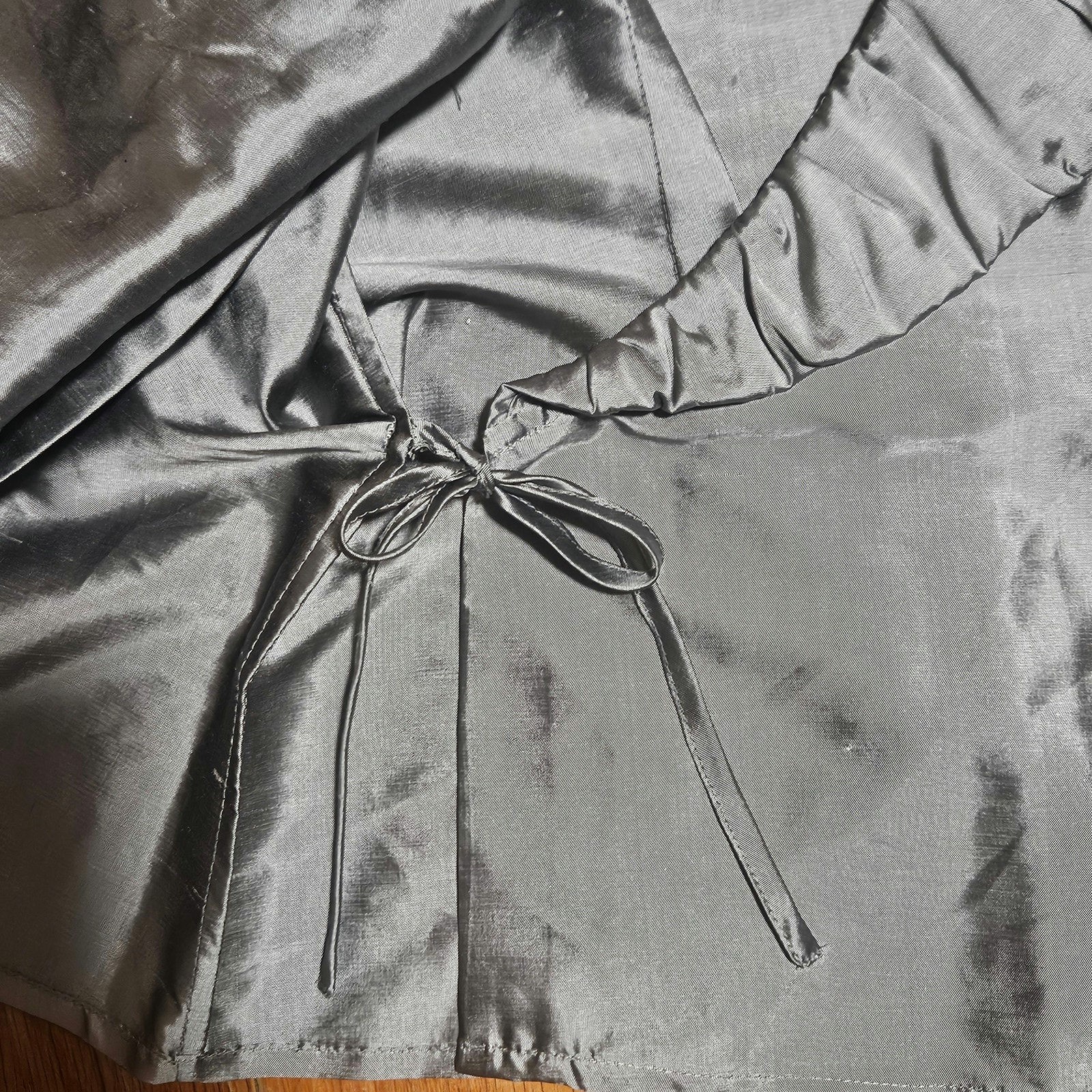 Sunny Taylor Silk Wrap Top Blouse Gray Size 6 Long Sleeve Ruffle Tie