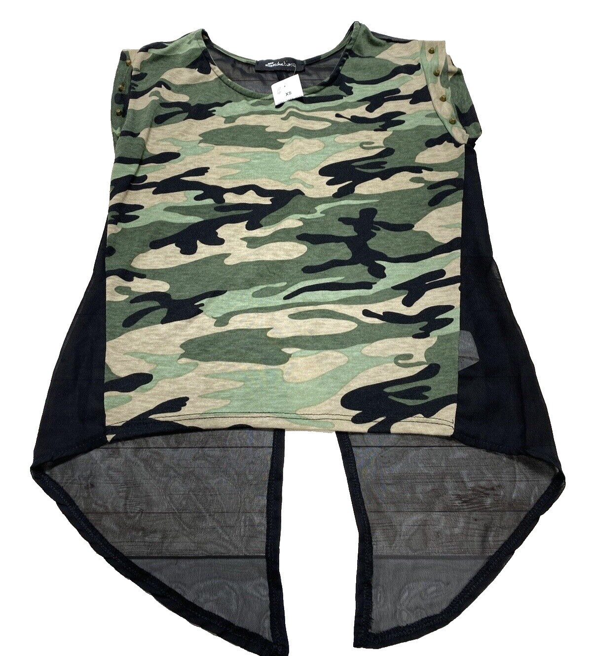 Women’s Army Tee: Green & Black Sheer Back T-Shirt with Studded Arms – Size XS