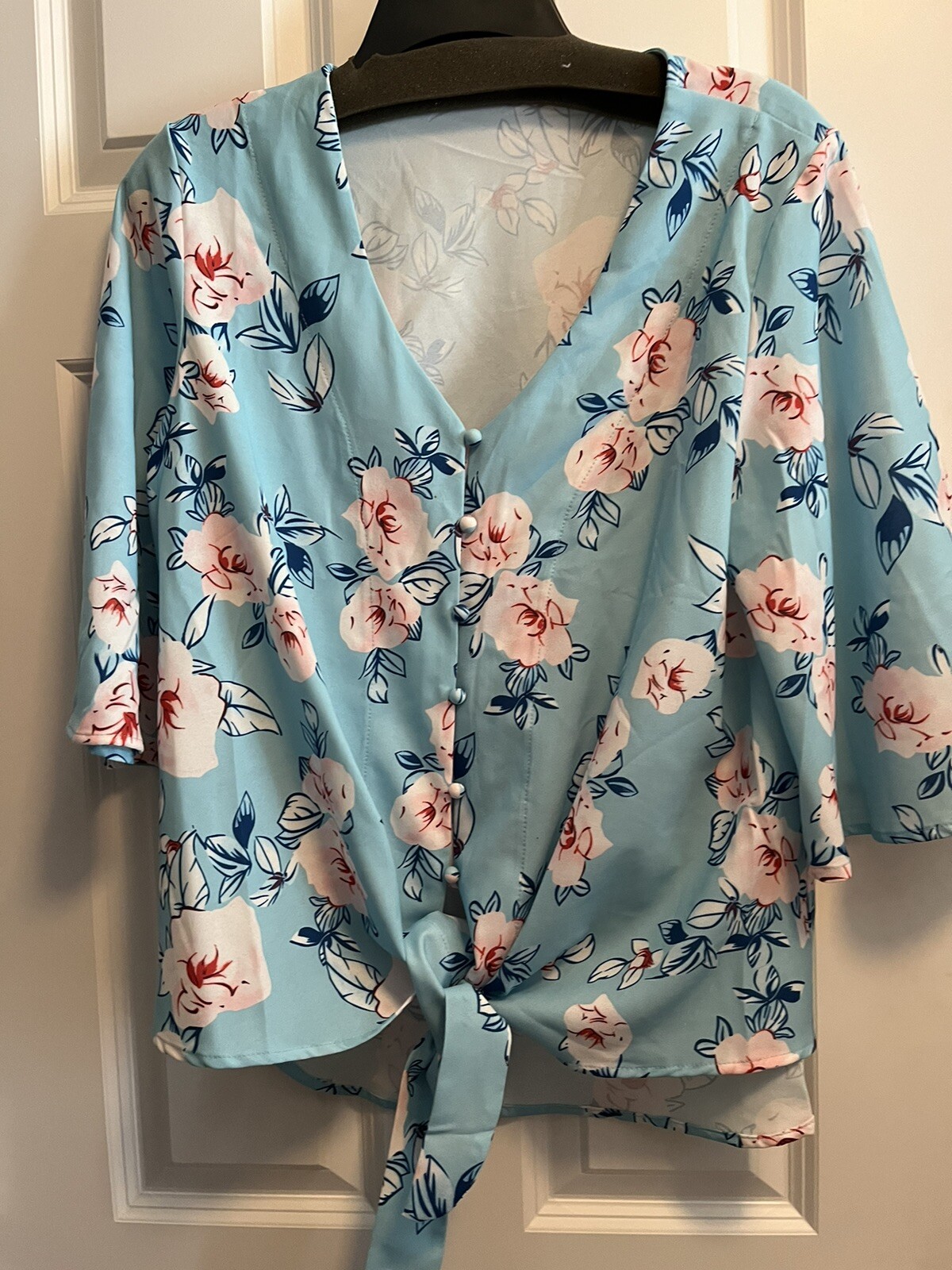 luvamia Women’s V Neck Tops Ruffle 3/4 Sleeve Tie Knot Blouses Button Down Shirt