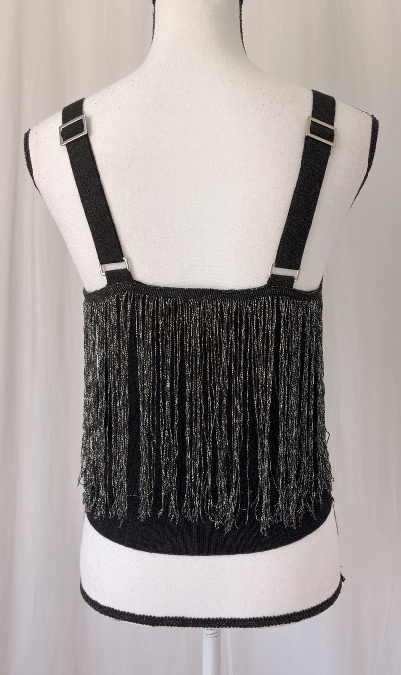 Fab’rik Black Silver Metallic Fringed Crop Ribbed Square Neck Tank Top Sz Medium