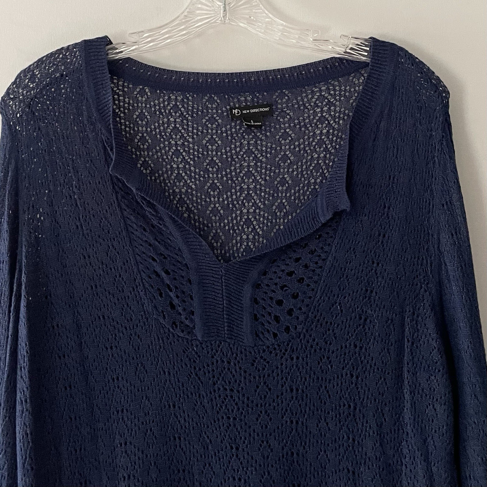 New Directions Women Large Midnight Blue Shimmer Crochet Open Knit Tunic Top