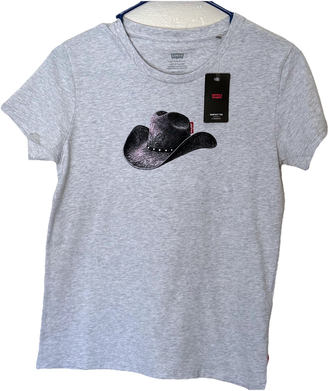 NWT Women’s Levi’s® Moody Cowboy Hat Graphic T-Shirt, Size XS, Heather Gray