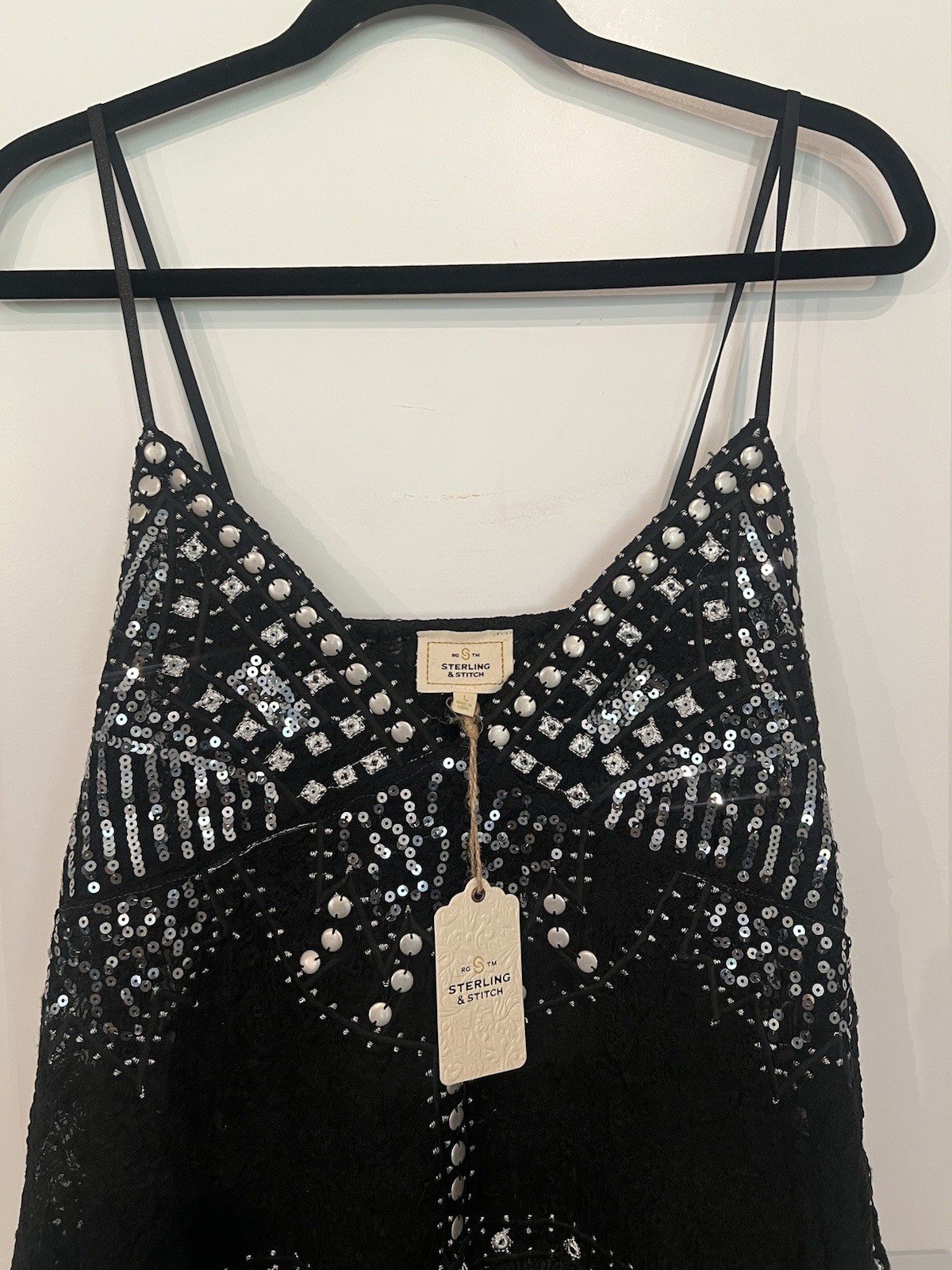 Sterling & Stitch Y2K Black Sequin Fringe Studded Boho Western Tank Top L NWT