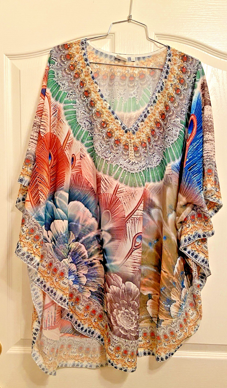 Woman’s Overhead Sheer Sleeve Poncho Shaw Peacock and Floral Boho One Size Fits