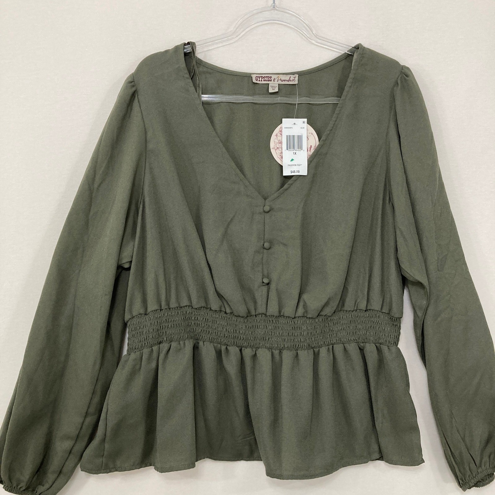 New Gypsies & Moondust Top 1X Olive Green Peplum Smocked Waist Long Sleeve Boho