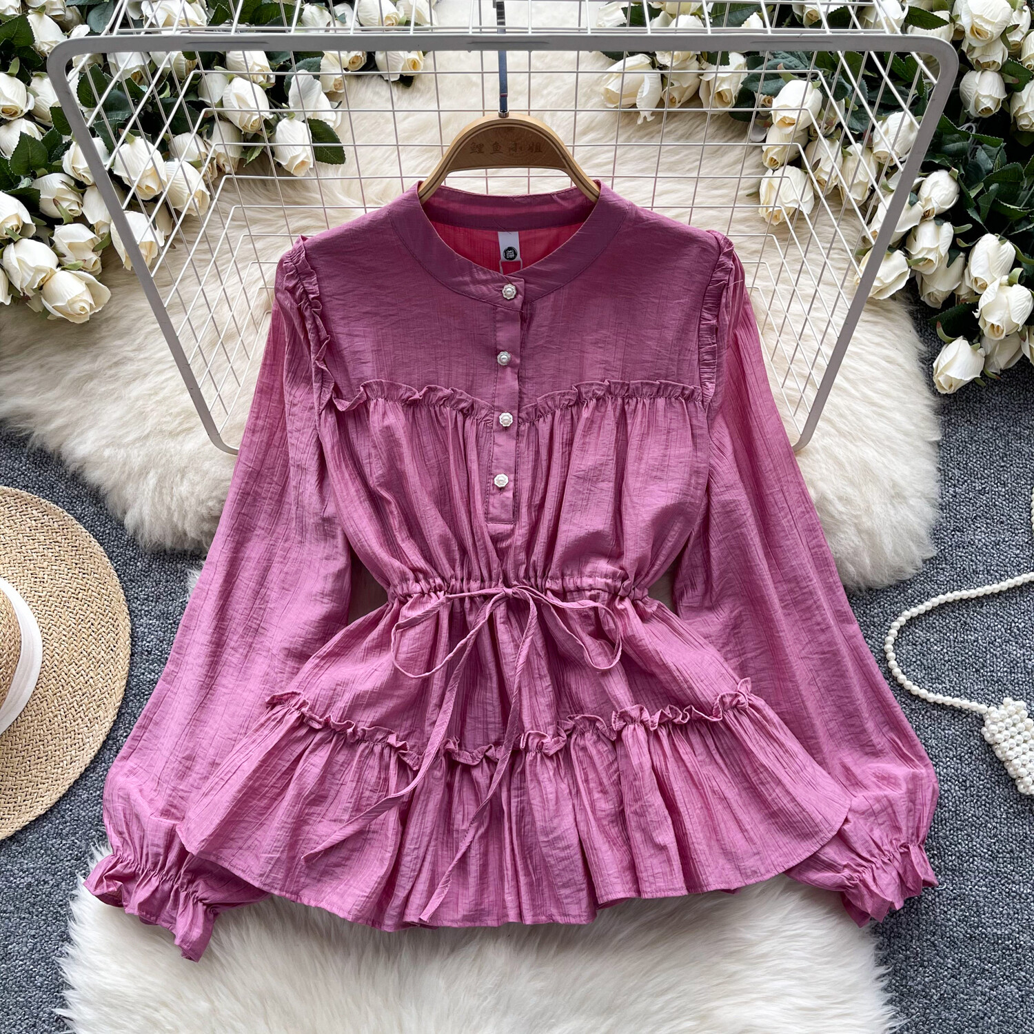 Women Ruffles Drawstring Belt Slim Round Neck Button Down Long Sleeves Shirt