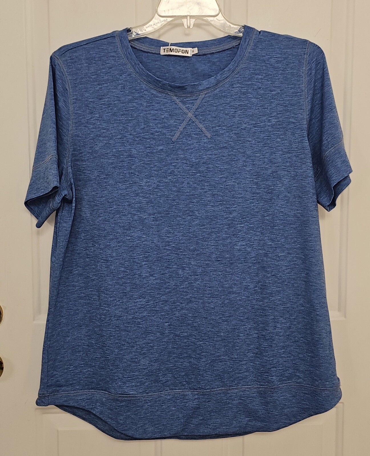 TEMOFON Womens Solid Blue Top Round Neck Short Sleeve Pullover