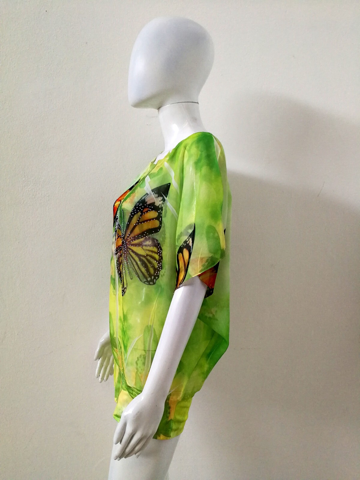 Green Blouse Short Sleeve Top Crop Graphic Print Pattern Butterfly Haute Couture