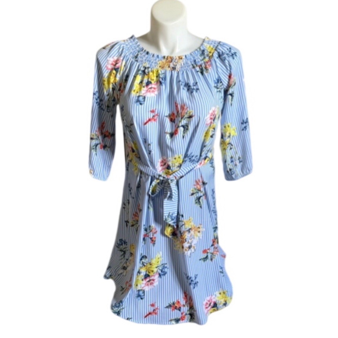 Spense Womens Floral Stripe Smocked Neck Tunic Top Blue White Large RN 73163