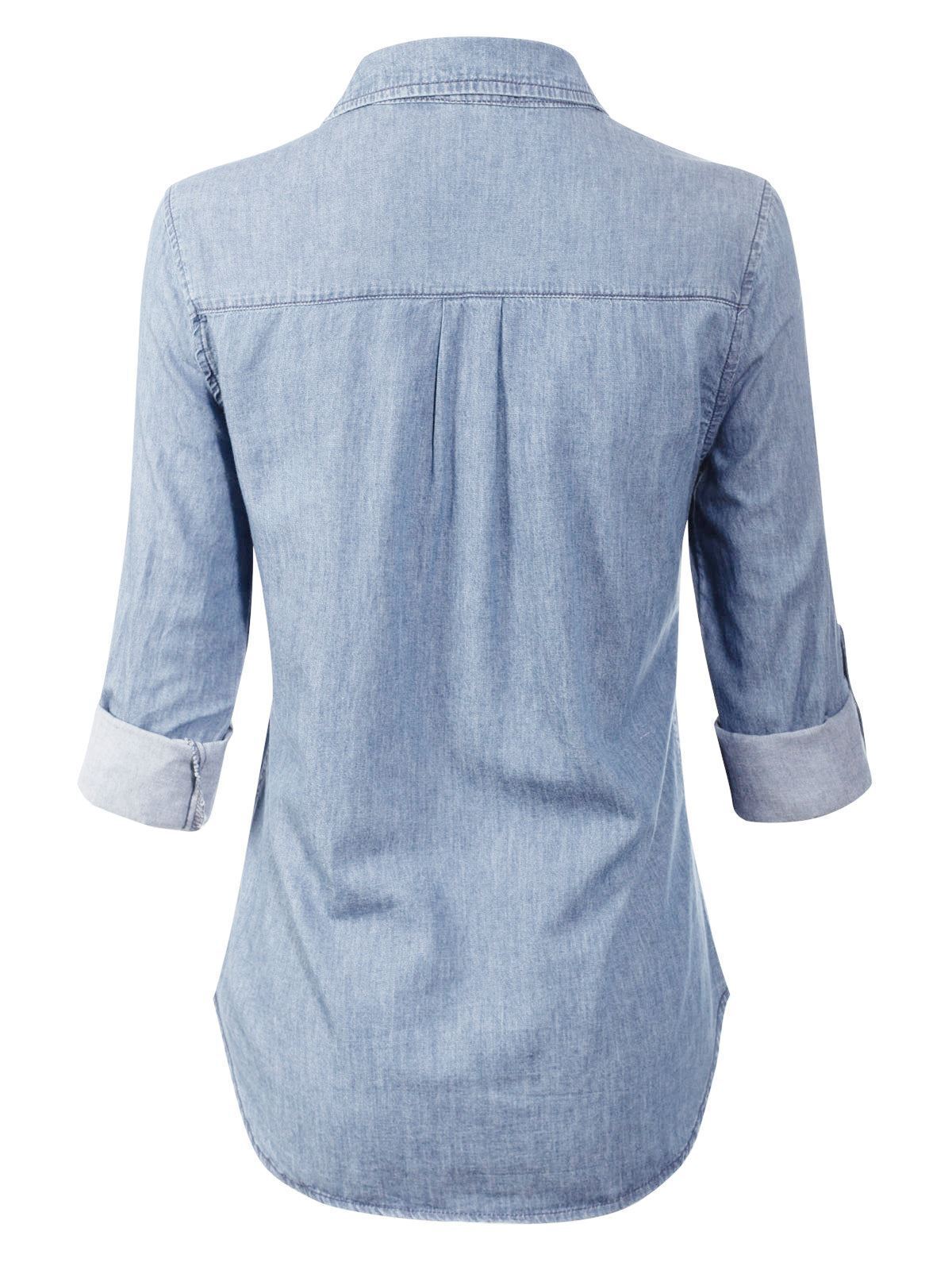 MixMatchy Basic Classic Roll up Sleeve Button Down Chambray Denim Shirt