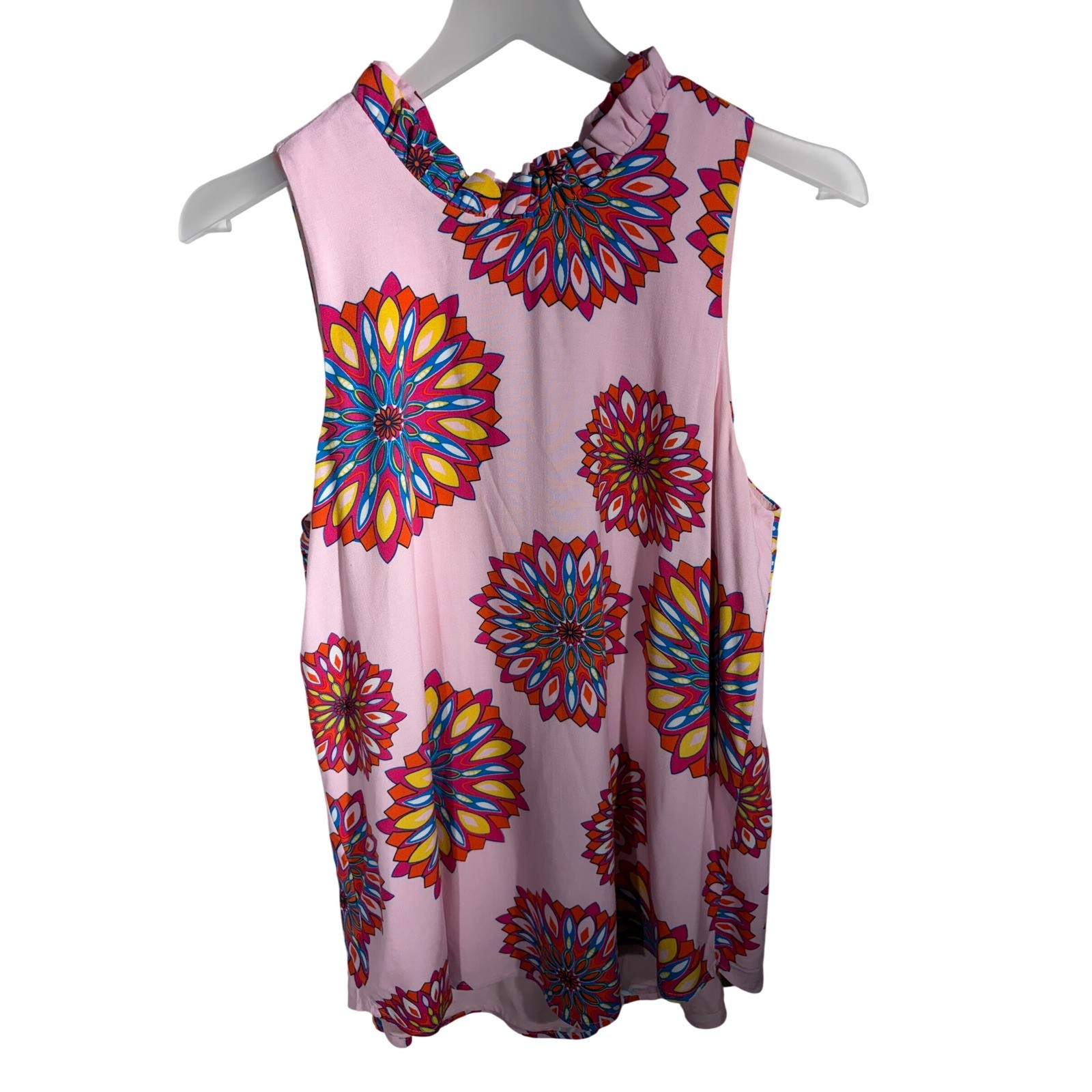 Gibsonlook Pink Floral Sunburst Ruffle Neck Tie Back Sleeveless Blouse Medium