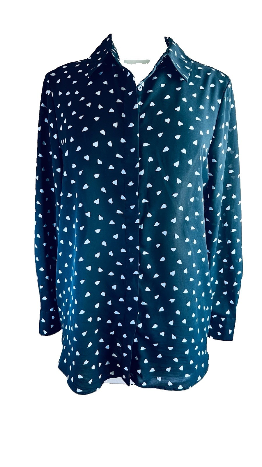 Versona Blouse (M) Heart Print Button Up Semi Sheer High-Low Hem