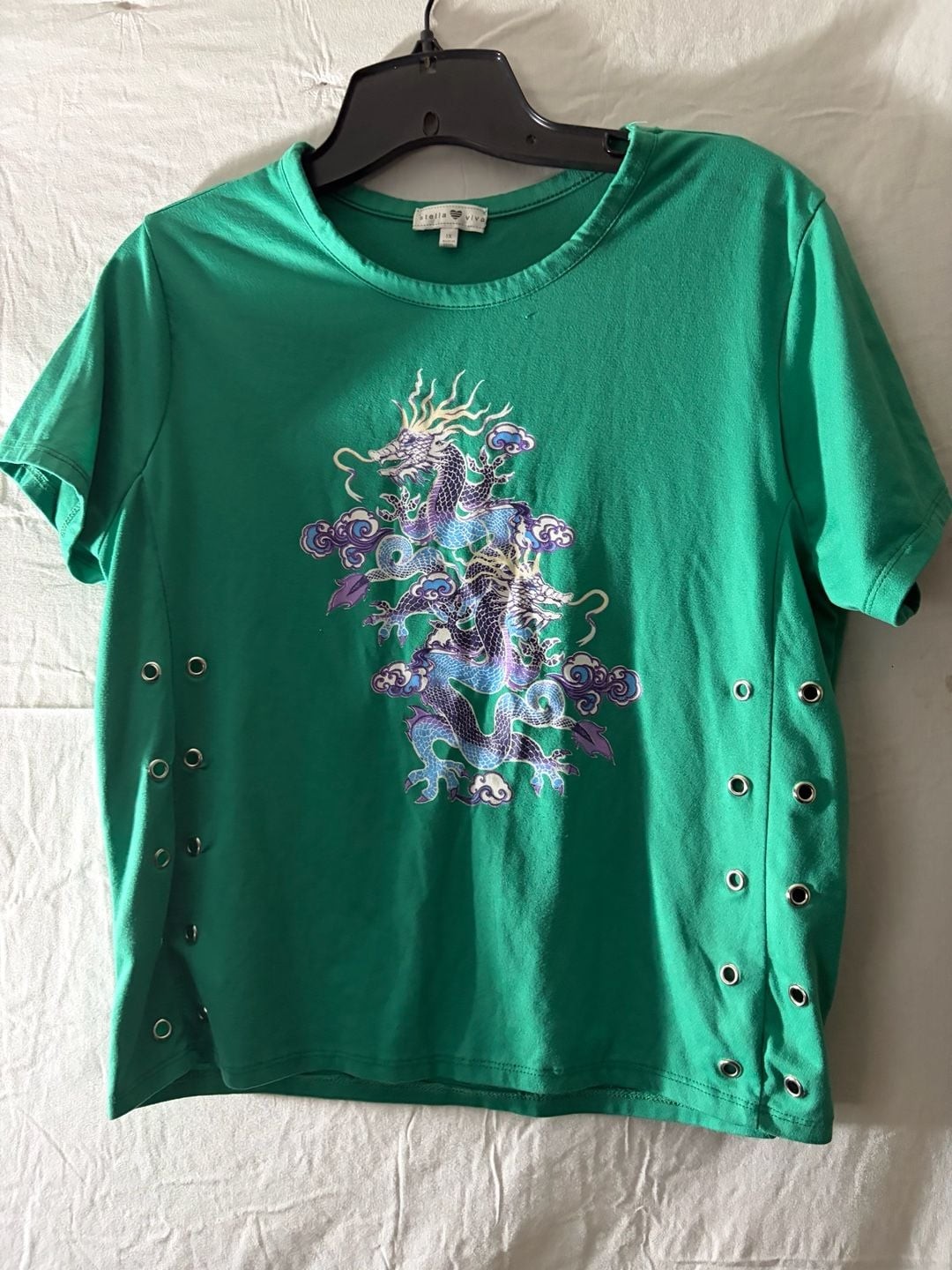 Stella Viva Green Graphic Dragon Print T-Shirt with Side Grommet Lace-up Detail