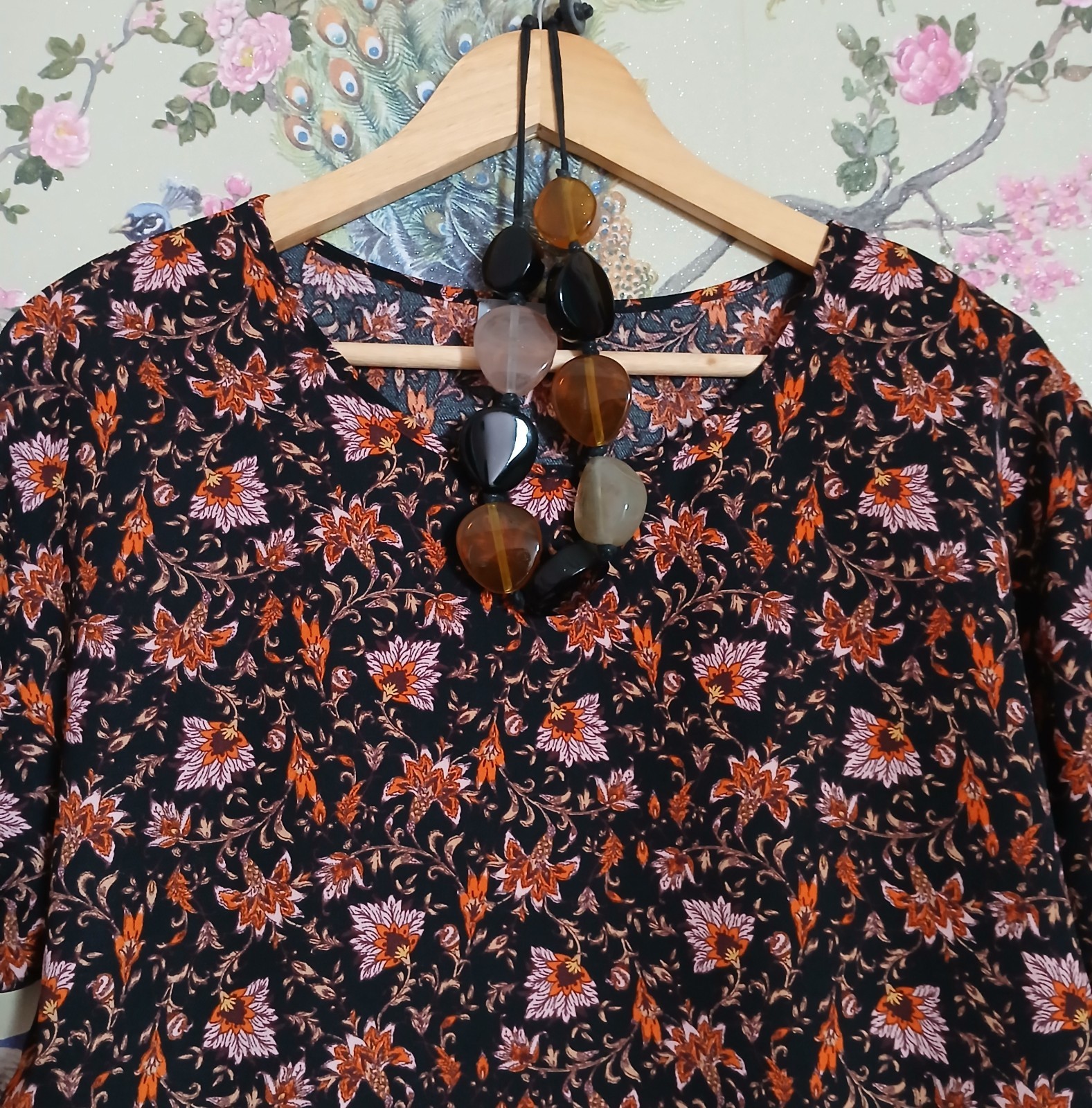Vintage style black burgundy & orange floral tunic top size 18 Dorothy Perkins