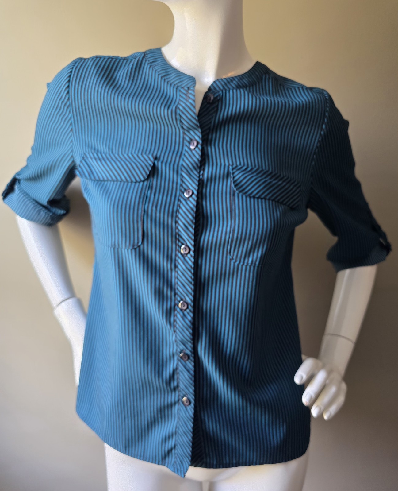Notations Collarless Dress Shirt PS 3/4 Tab Sleeve Blue/Black Striped Button…