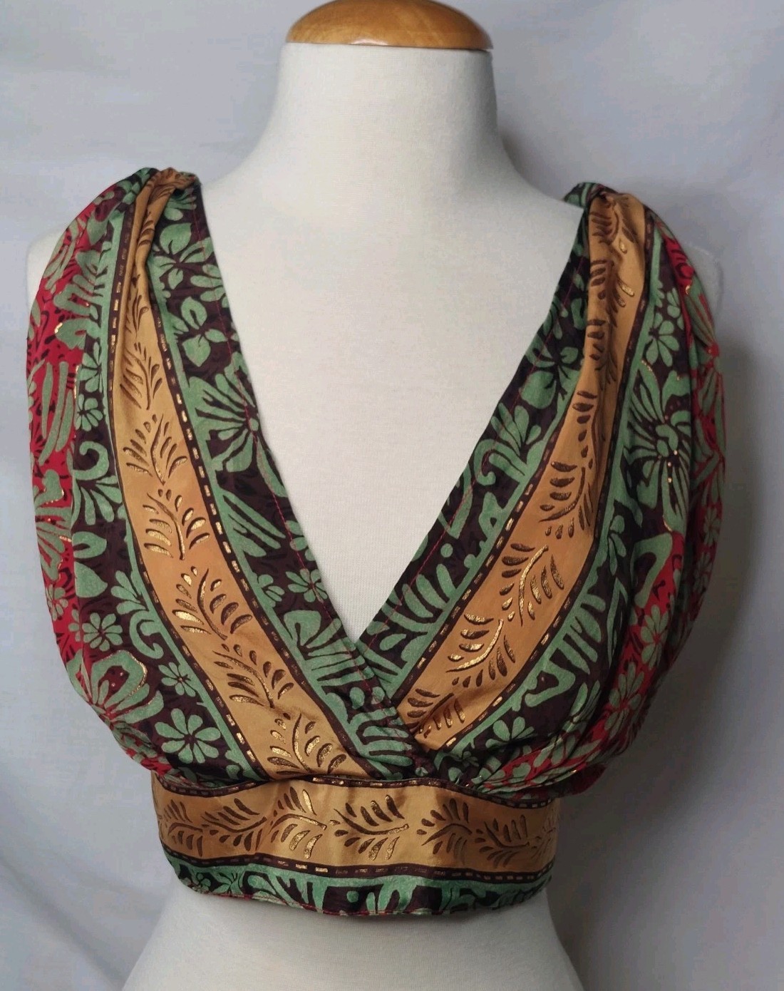 Boho Crop Top Womens S/M Red Green Brown Gold India Print Festival Tie Back Y2K