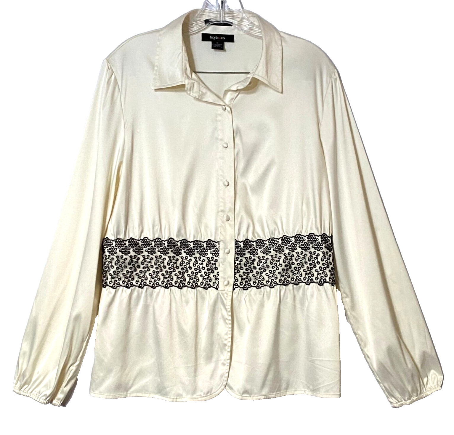 Style and Co Blouse Women 14 Multicolor Satin Cinched Lace St Moritz Button Down