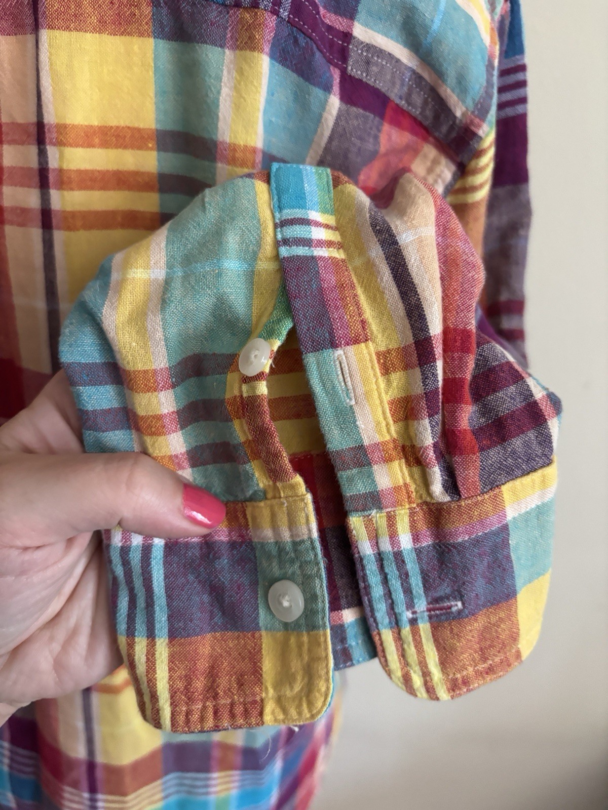 Y2K Plaid Chaps Denim Linen Top Colorful Womens Large Preppy Coastal Outdoor