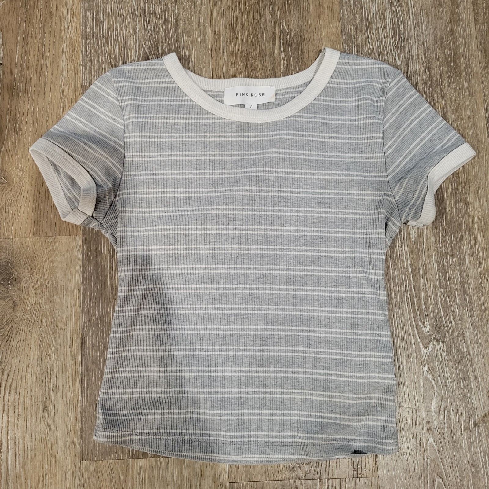 Pink Rose Grey and White Striped Baby Tee Junior Size S