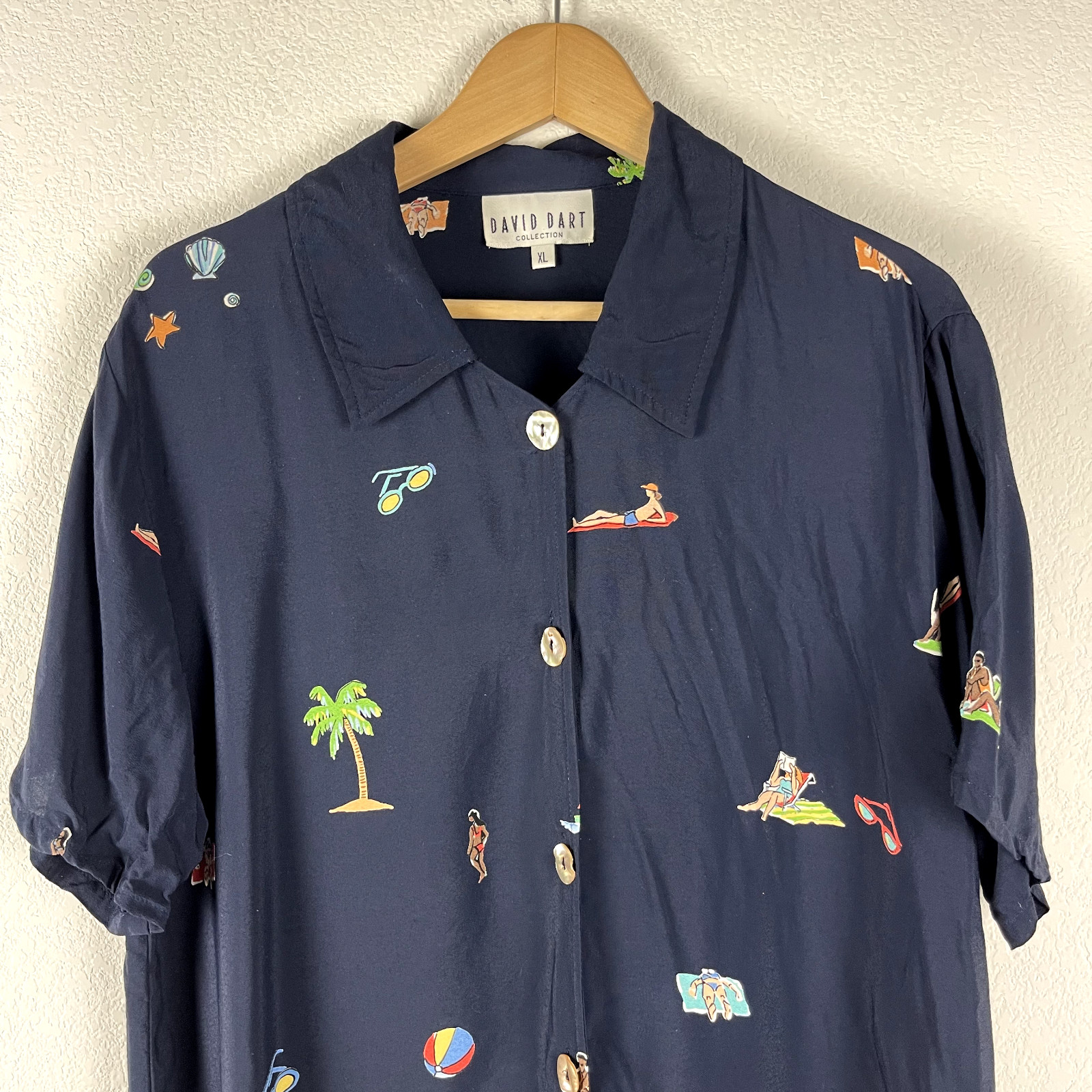 Vintage David Dart Tunic Top Womens XL Blue Short Sleeve Beach Tropical Aloha