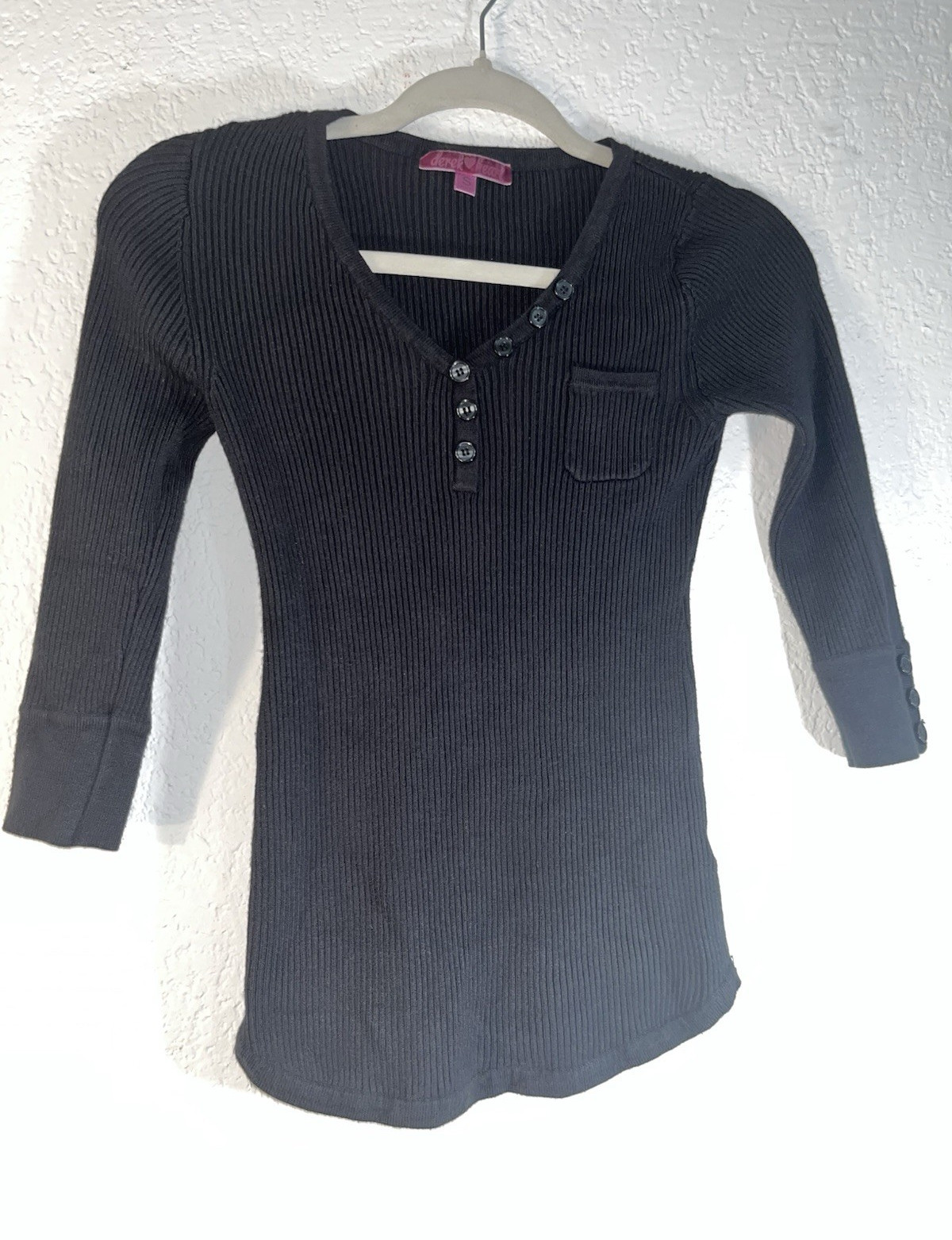 Derek Heart Women’s Black Ribbed Knit V-Neck Henley Top 3/4 Sleeve L