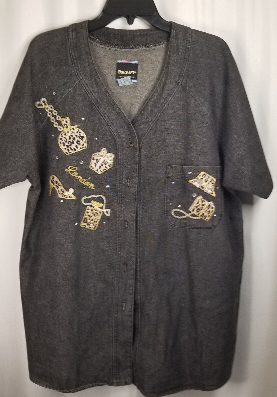 Women’s Top Black Denim Animal Print Applique Embroidered Unique Size XL