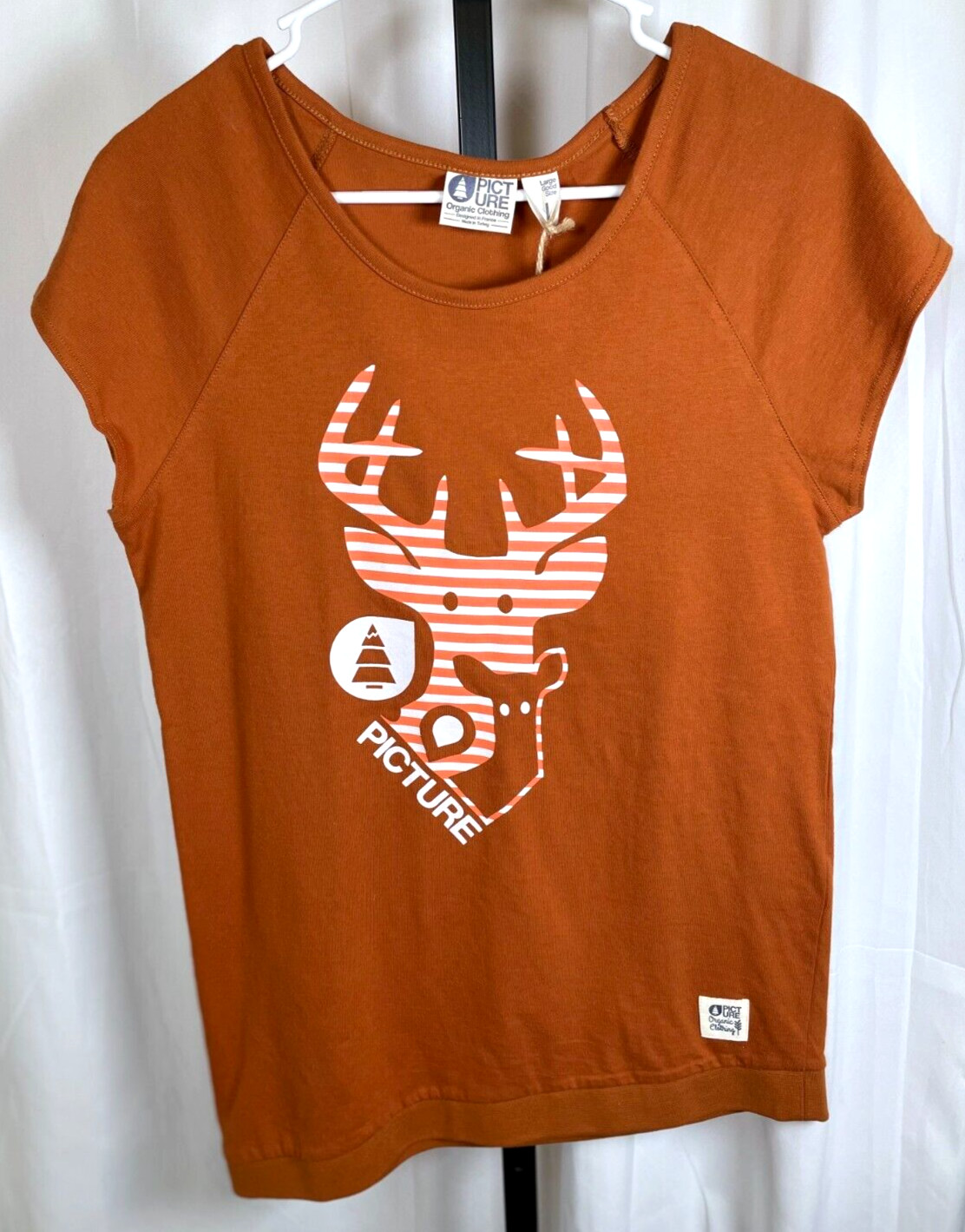 NWT Picture Organic Clothing Deer Animal Womens Tee Caramel Size Large