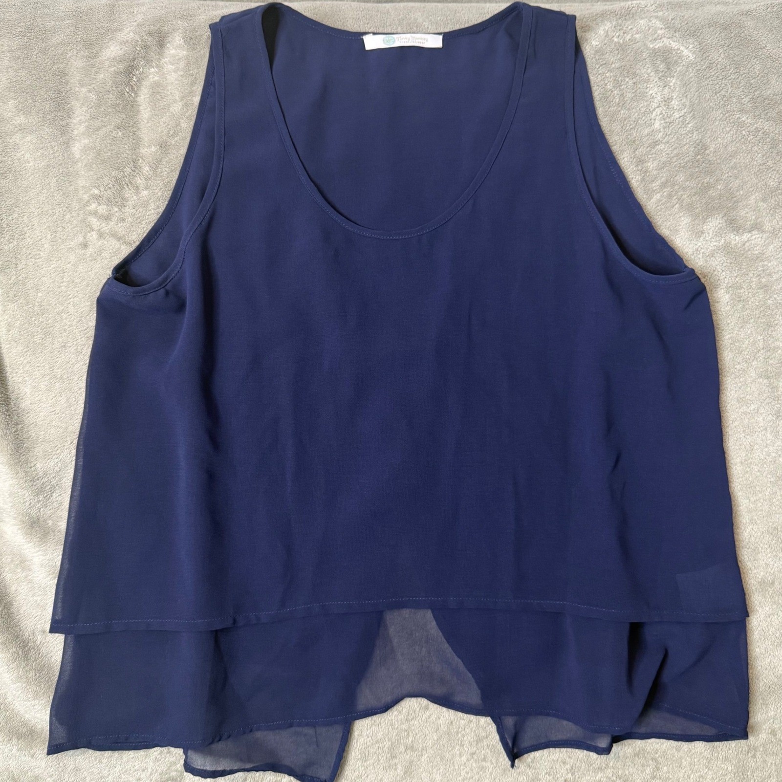 Navy Blue Layered Tank Top Womens M Split Back Chiffon Office Minimalist Shell