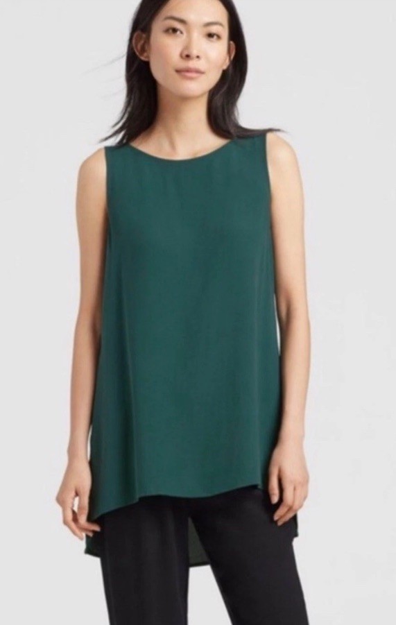 EILEEN FISHER Pine Green Silk Georgette Crepe Bateau Sleeveless Tunic Top XS