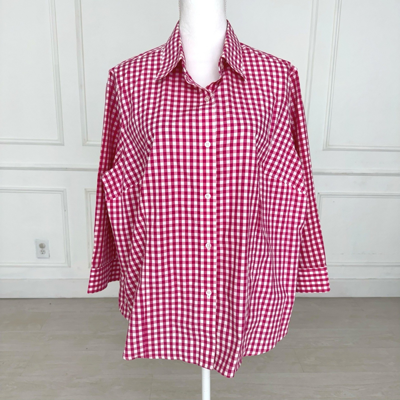 Jones New York Signature Woman Pink Gingham Button Down Shirt Plus Size 2X