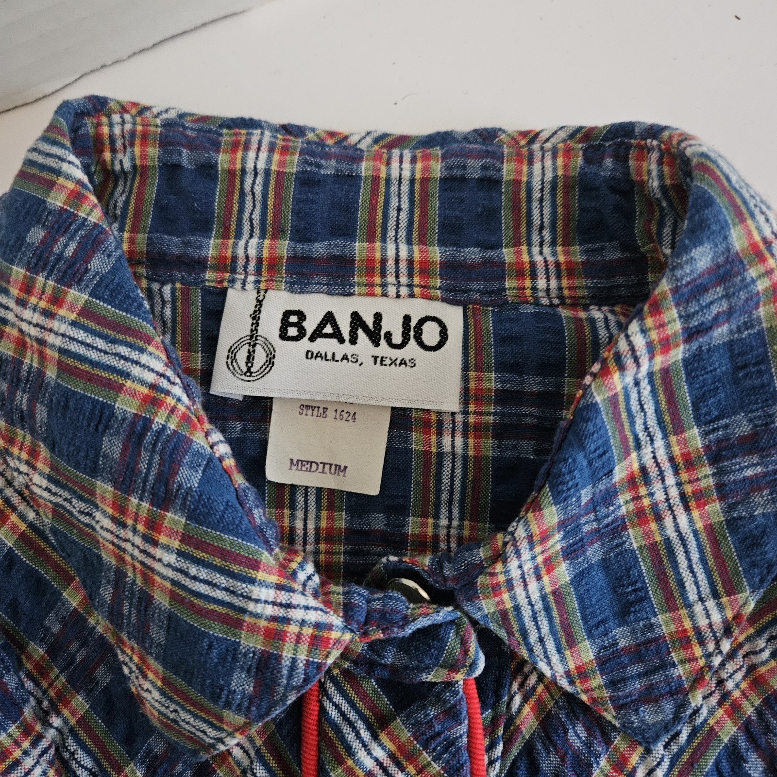 Banjo WesternWomens CropTie M Shirt Pearl Button Long Sleeve Blue Red Plaid Vtg