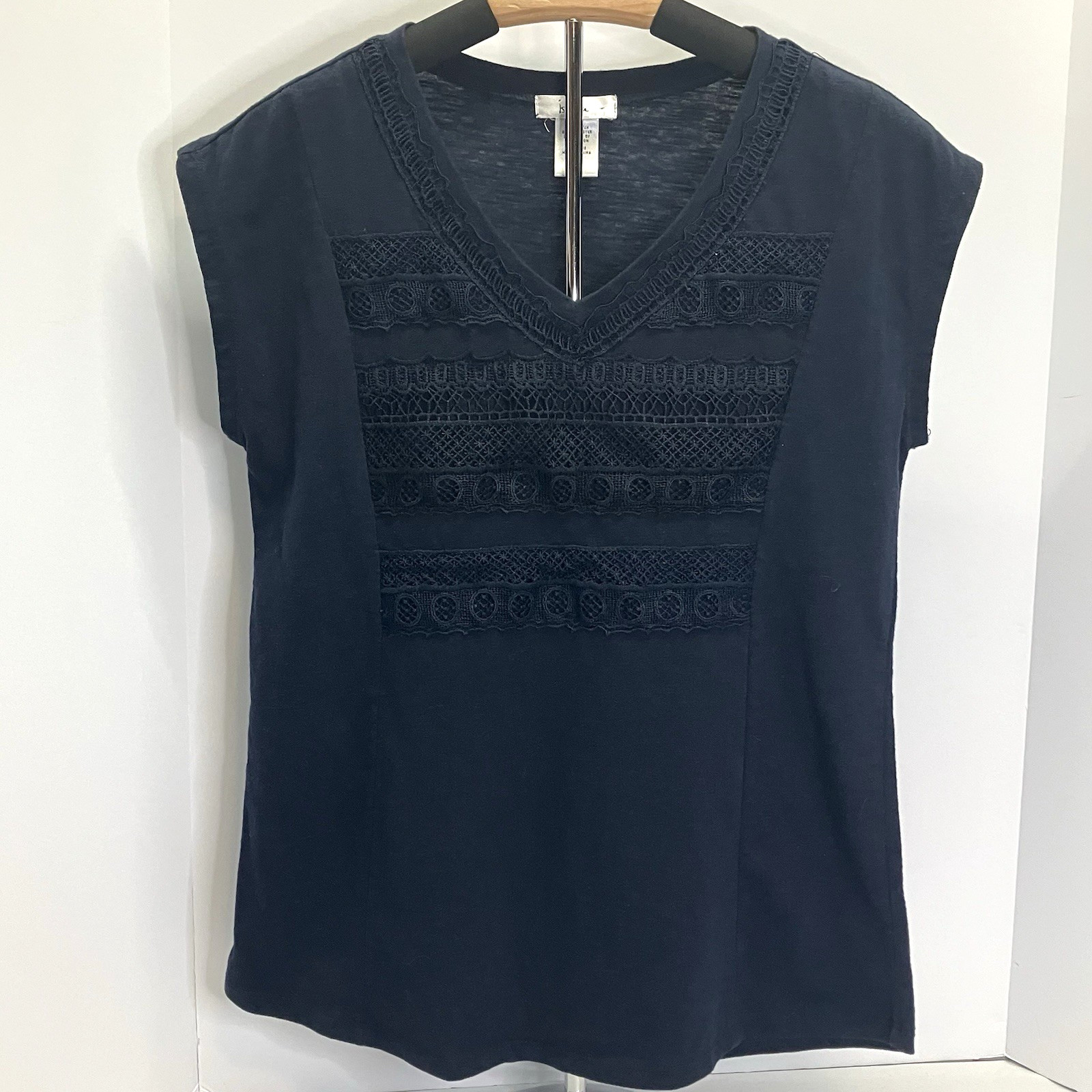 Isela Womens Navy Blue Lace Crochet Cap Sleeve V Neck Top Shirt Size S