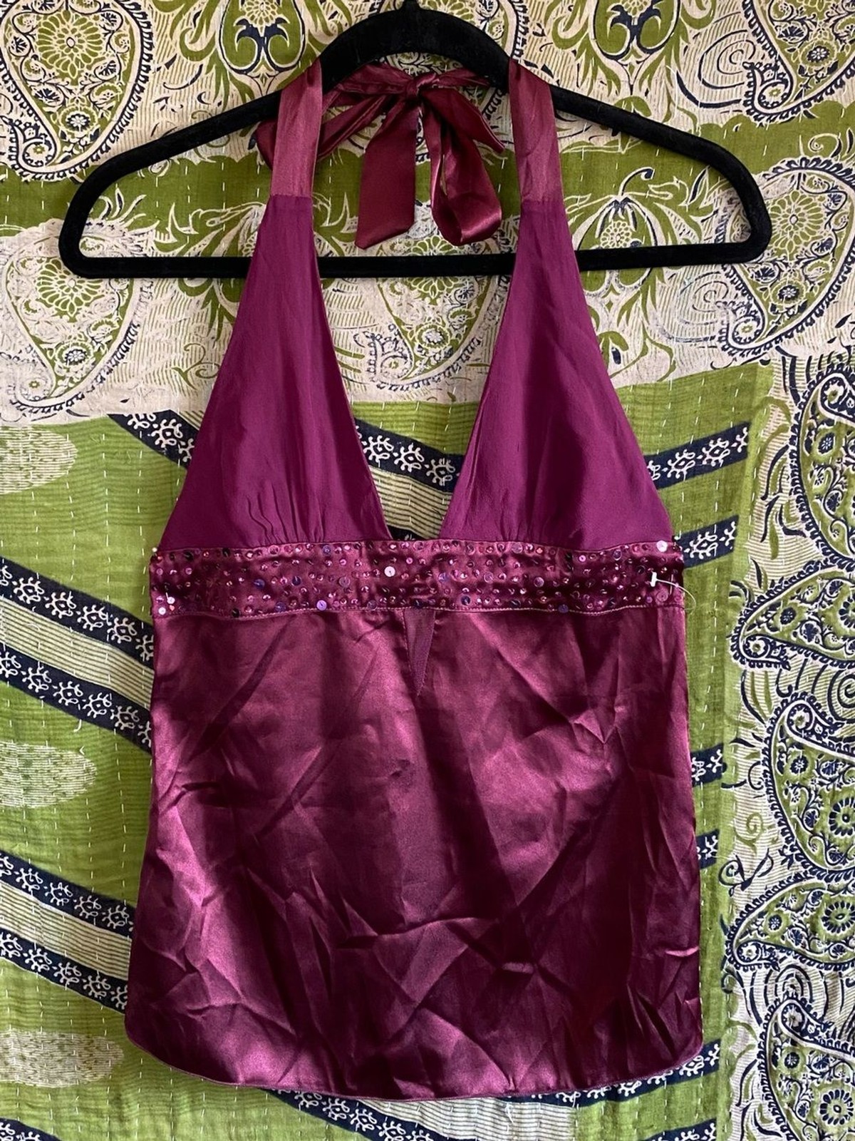 Vintage Y2K Twenty One Plum Silk/ Satin Sequined Fairycore Halter Top Small