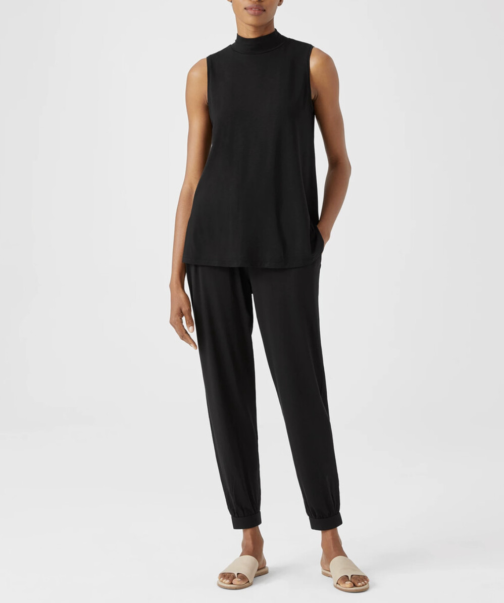 Eileen Fisher Black Long Length Fine Jersey Mock Neck Tank Sz L