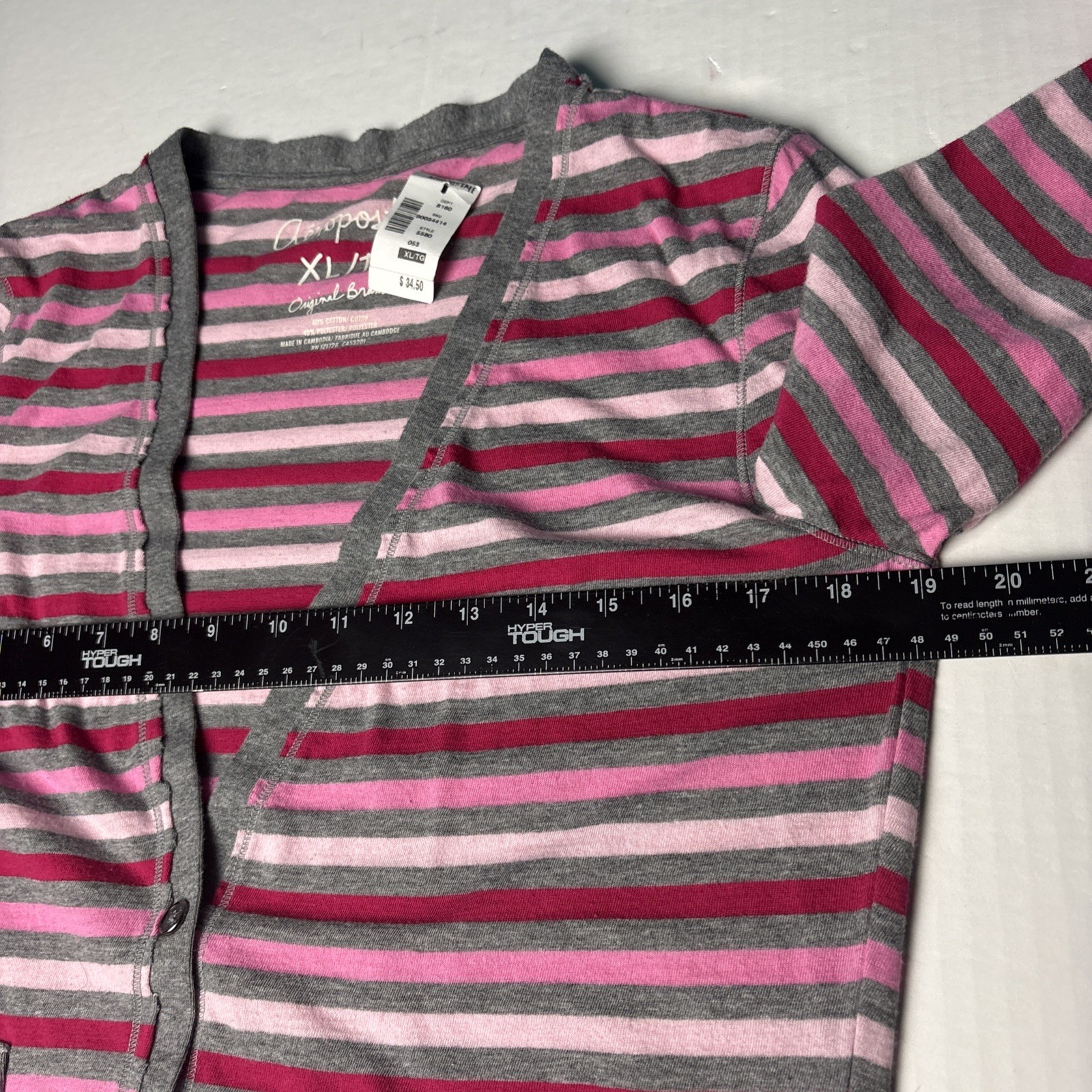 Aeropostale Women’s XL Shirt Pink Gray White Stripes V-Neck Button Cardigan New