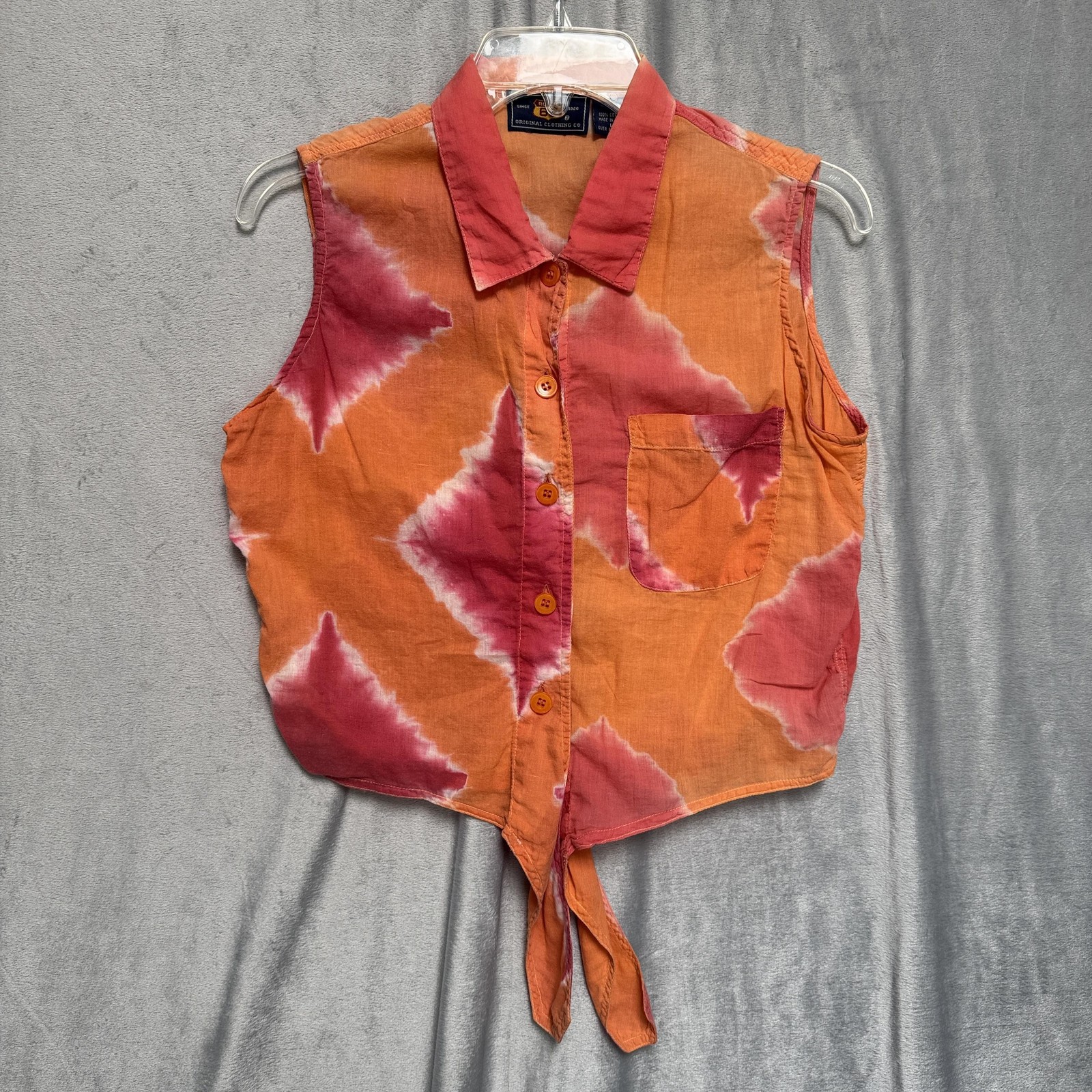 Route 66 Shirt Womens Large Orange Red Tie Dye Sleeveless Button Front Tie Top