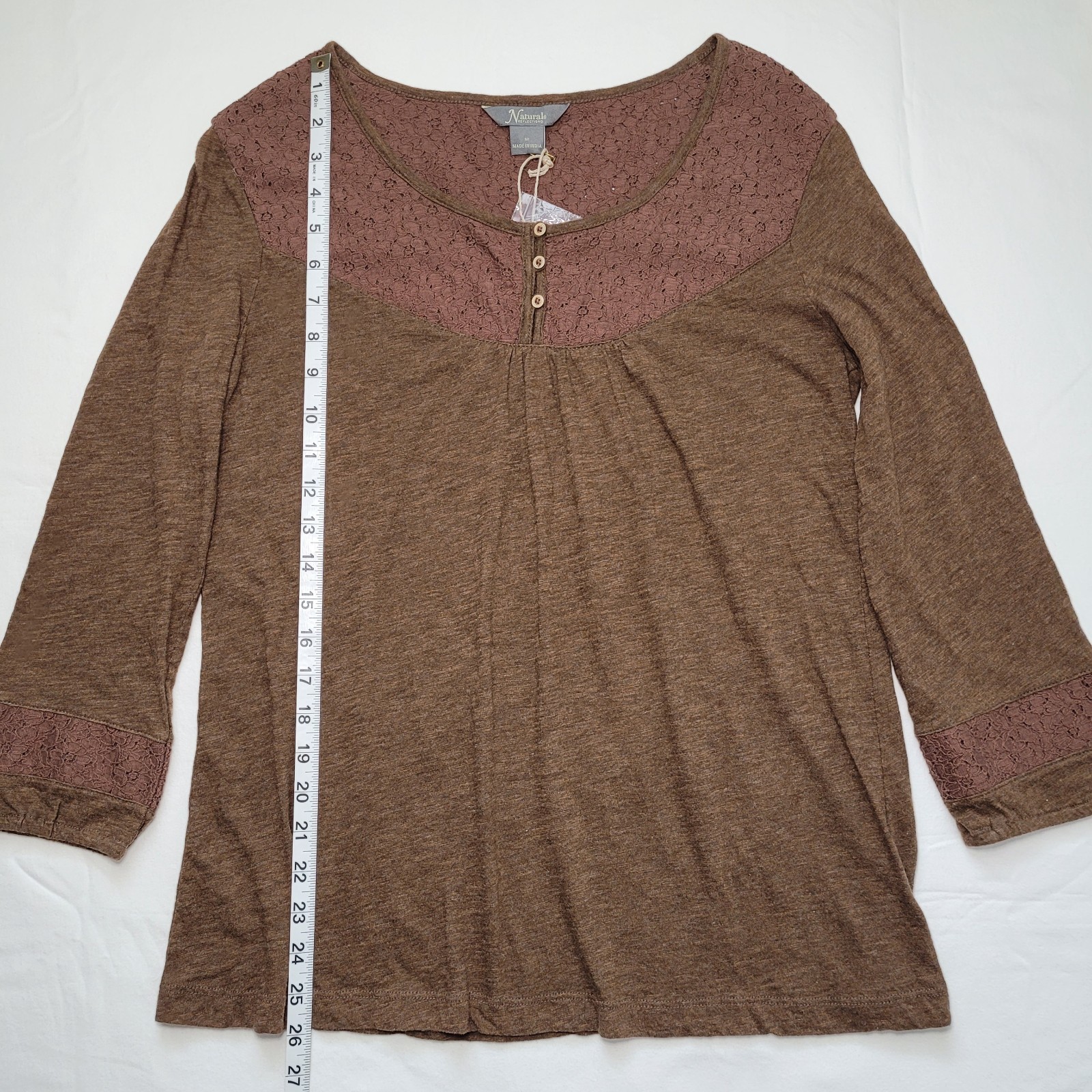 Natural Reflections Lace Trim Henley Blouse Womens Medium Brown Cottagecore Boho