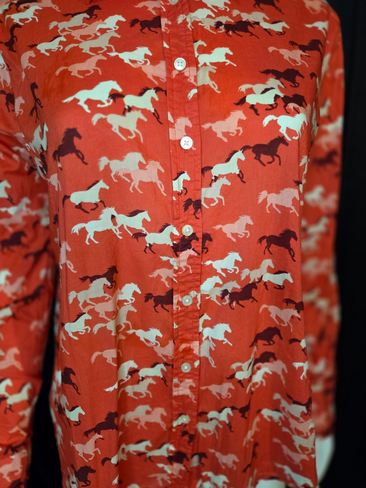 LOFT Shirt Womens Small Red Cotton Long Sleeve Horse Print Button Up Equestrian