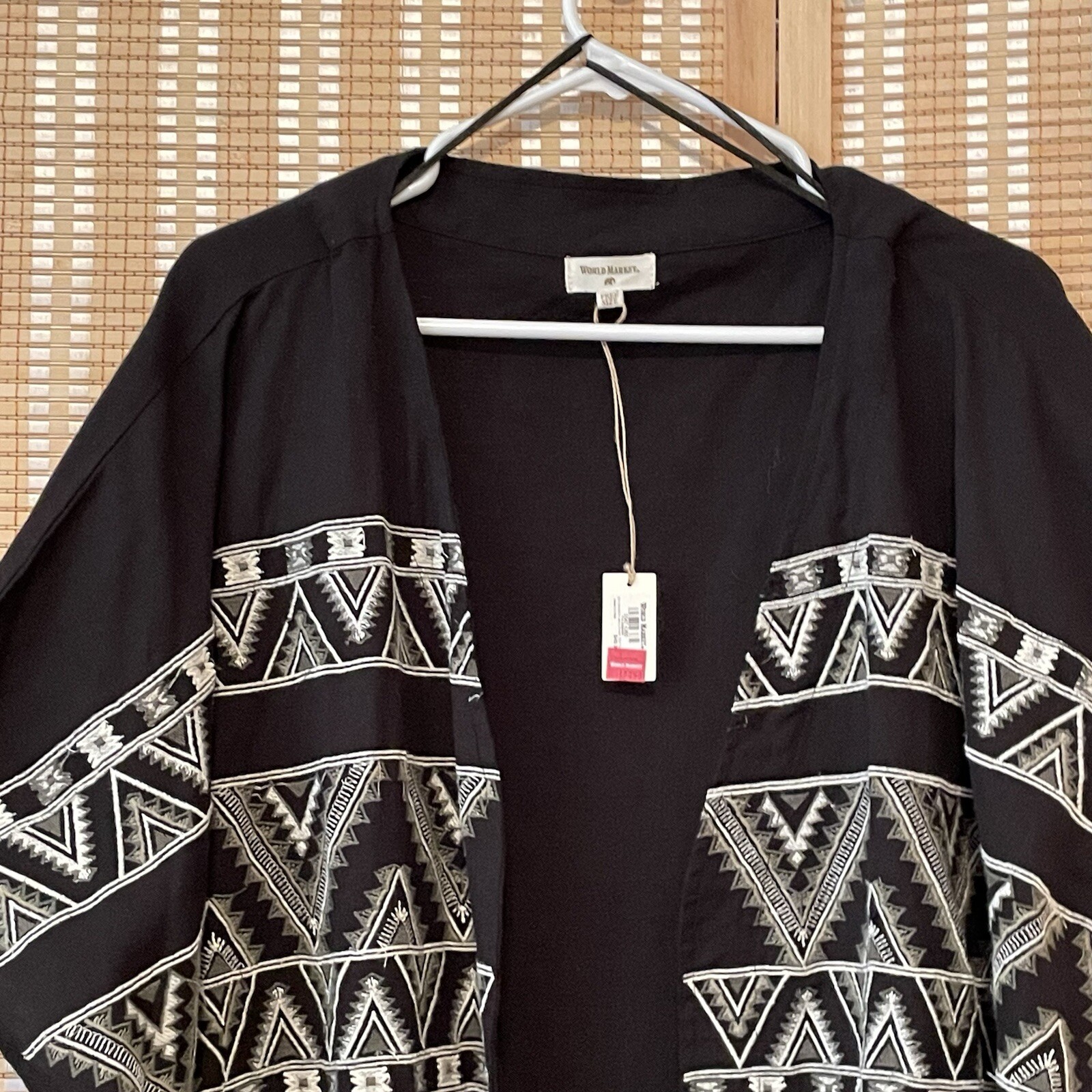 World Market Black & White Embroidered Kaftan Poncho Tribal Fringe Boho OSFM