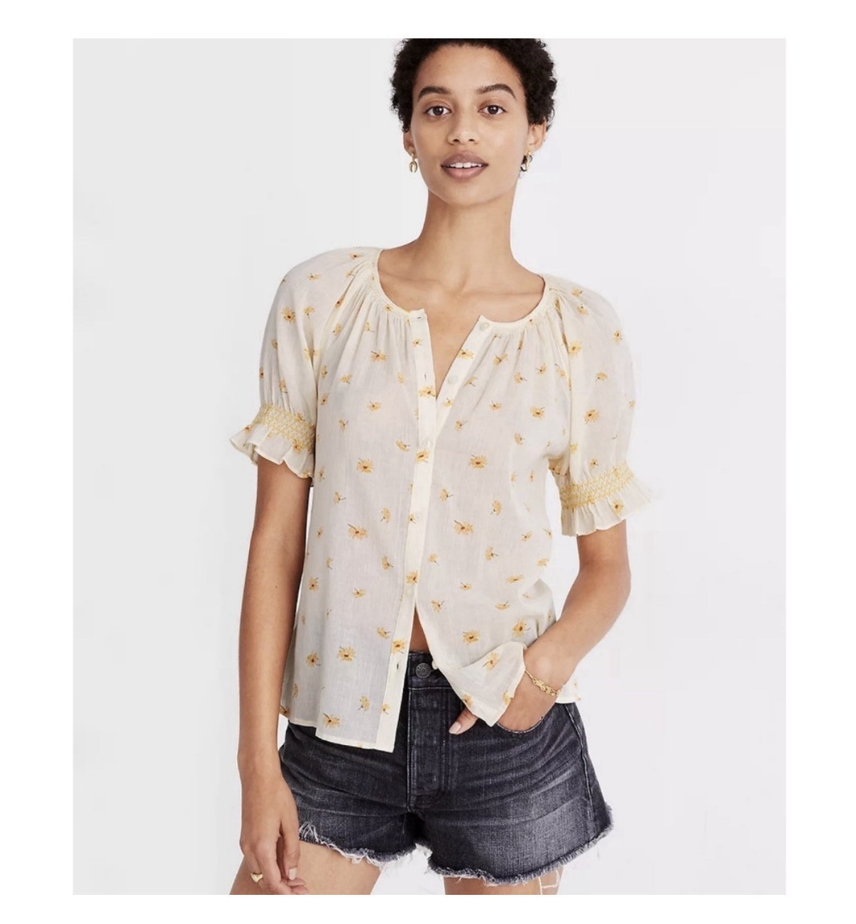 Madewell Smocked Ruffle Button Up Top French Daisies Peasant Prairie Cottagecore