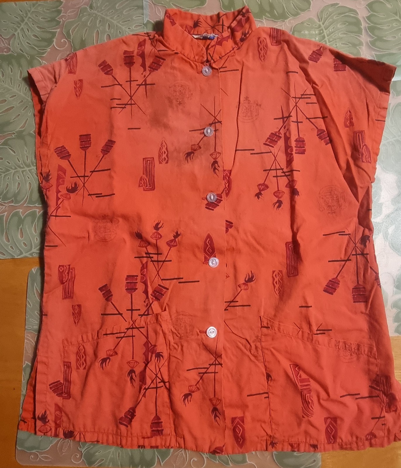 Vintage Ho Aloha Shirt Ladies Blouse Old School Hawaiian Kahili Print Stained