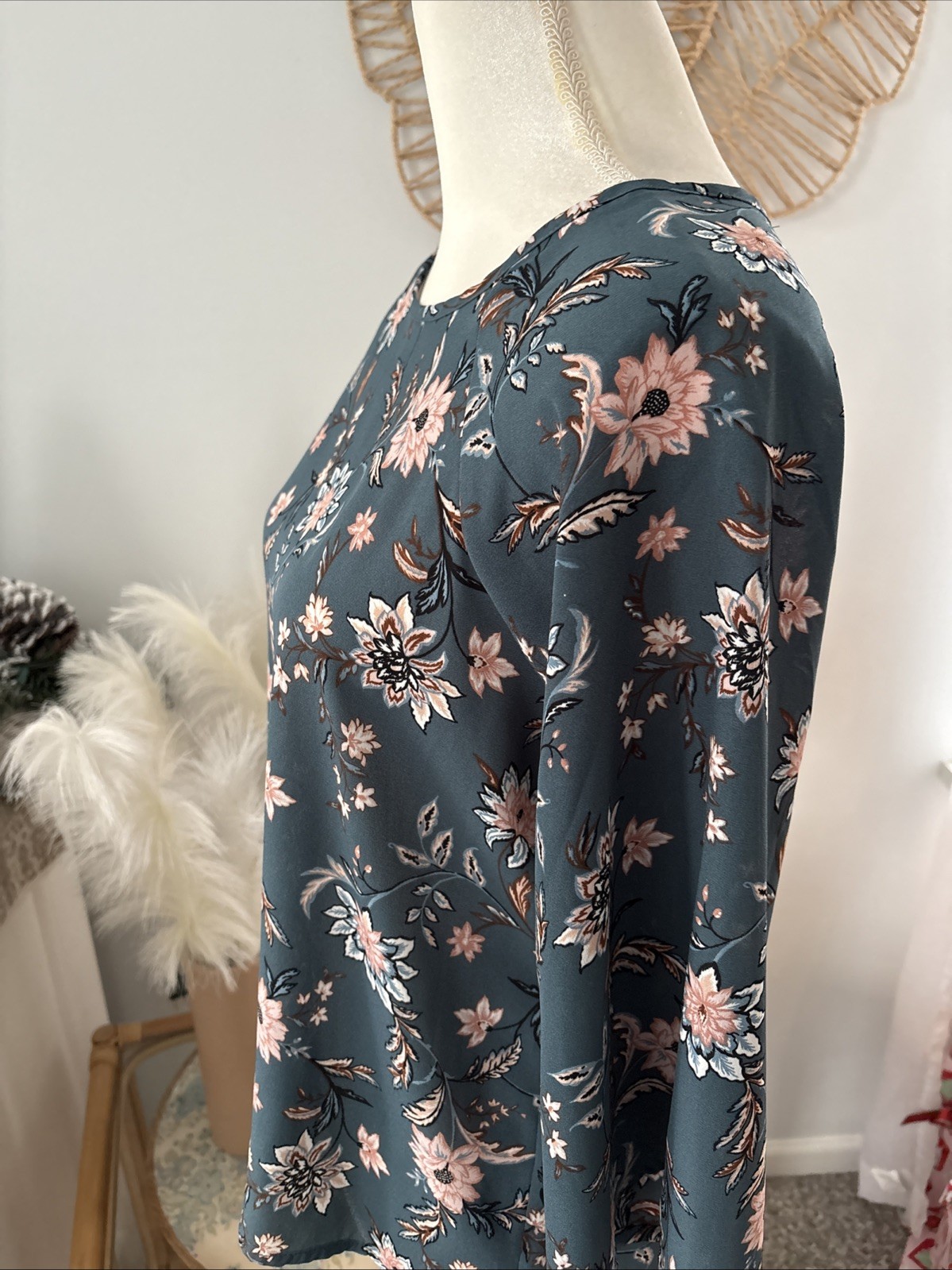 Papermoon Stitch Fix Blouse Top Shirt Dark Turquoise Floral 3/4 Sleeve Small S
