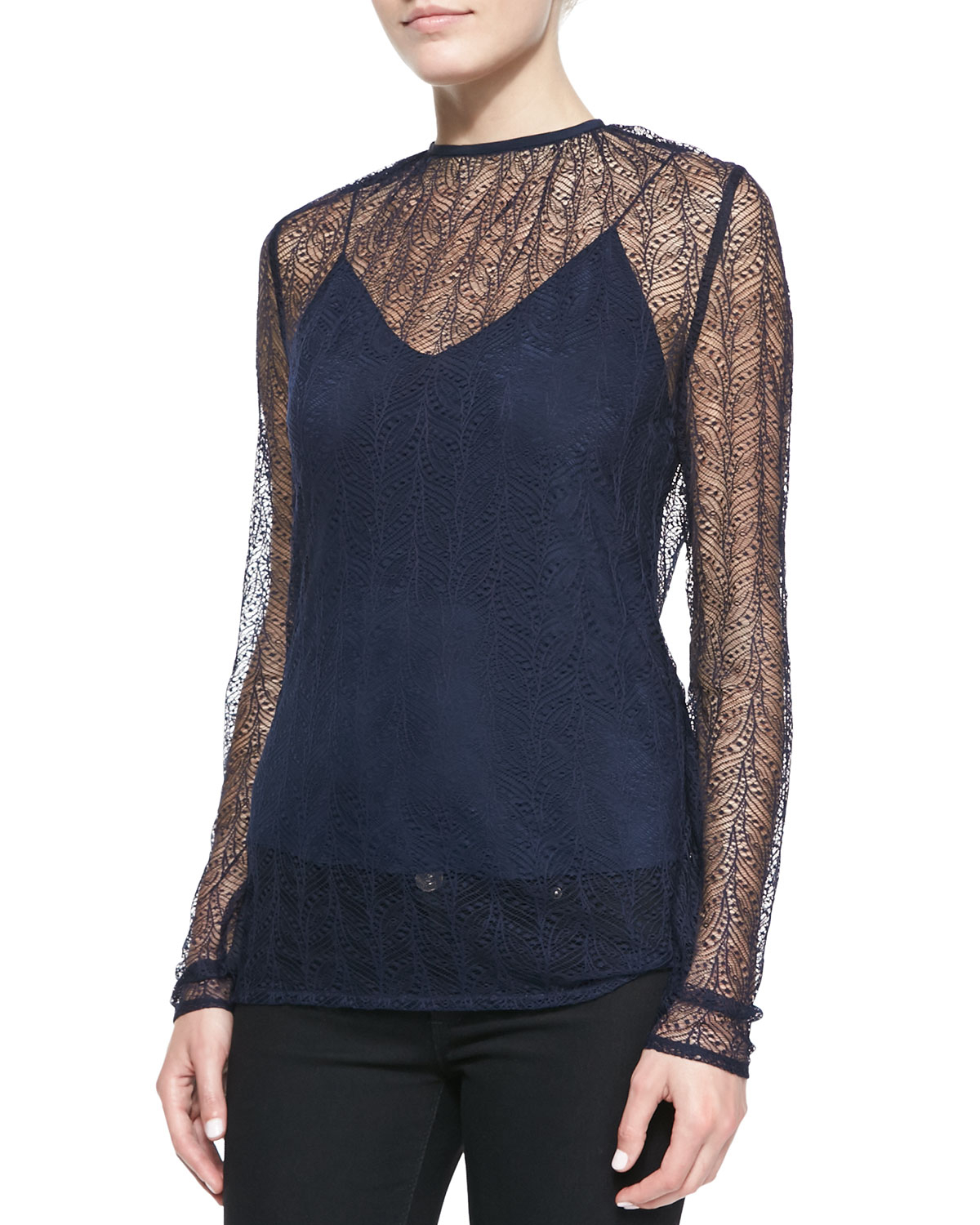 $495 NEW Tamara Mellon Lace Top With Cami Blouse Tank Navy Blue 4 6