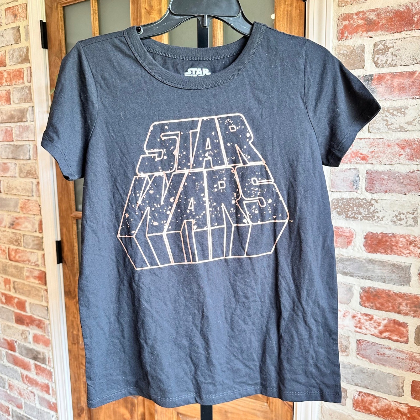 Star Wars T-Shirt Women Large Black Rose Gold Metallic Logo Graphic Tee NWT