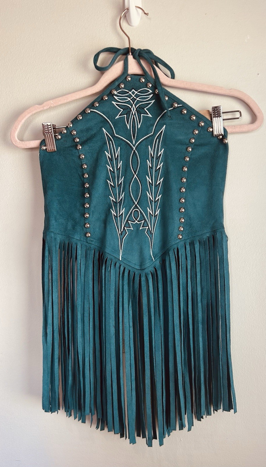 Lucky & Blessed Faux Suede Teal Fringe Halter Top Sz S Western Cowgirl Festival