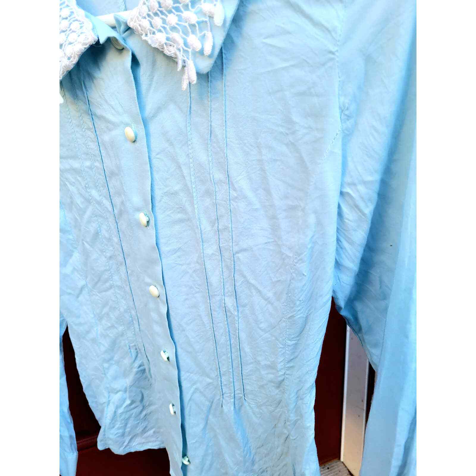 Vintage, K.C. Made in Korea Power Blue Lace Collar Long Sleeve Button Down Shirt