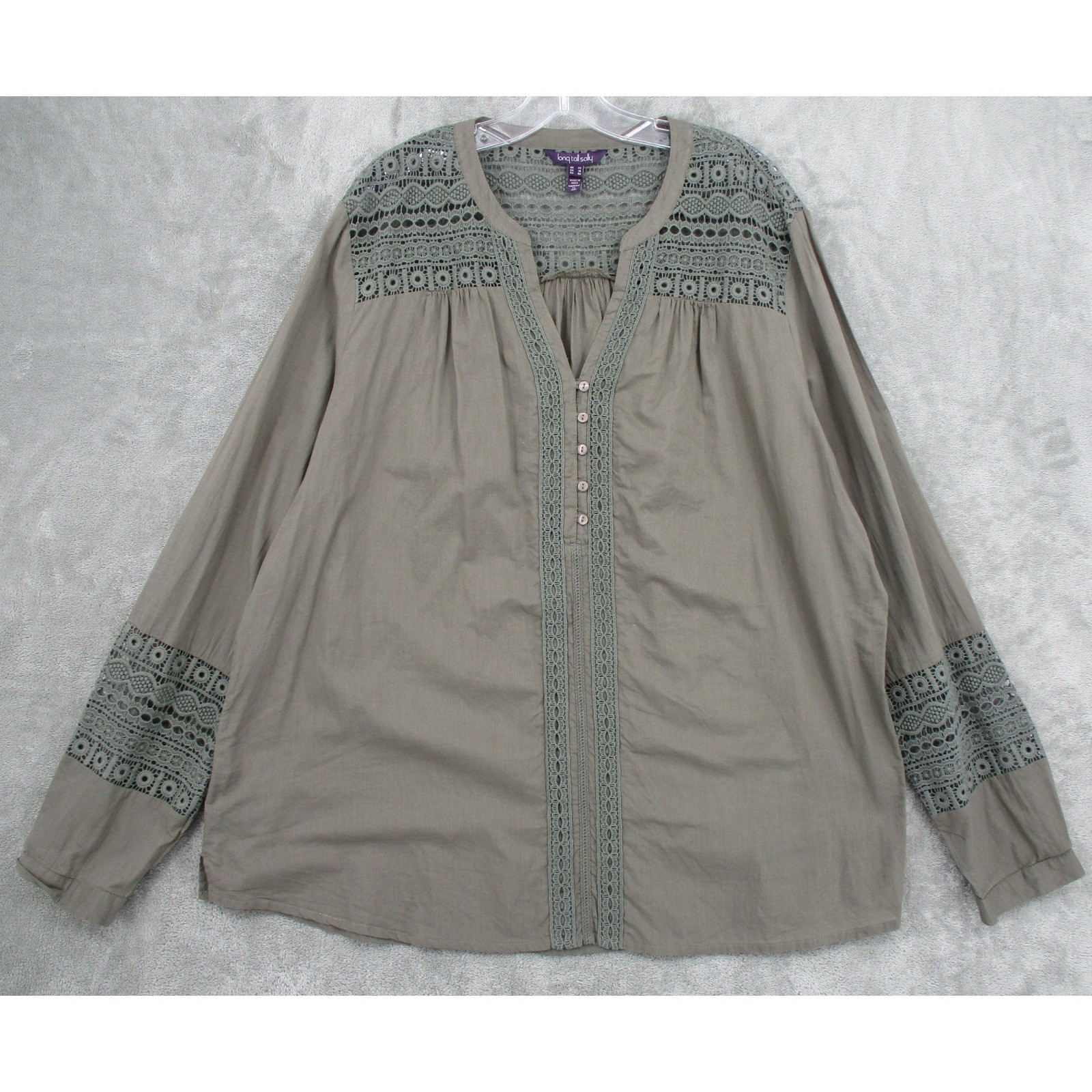 Long Tall Sally Blouse Womens 18 Lace Button Front Boho Career Lightweight Green