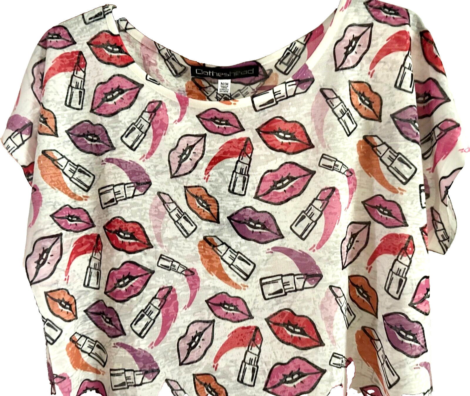 Clotheshead, NWT, Pink/Red/Pur/Ora Novelty Lipstick & Kisses Top, Medium Ret $75