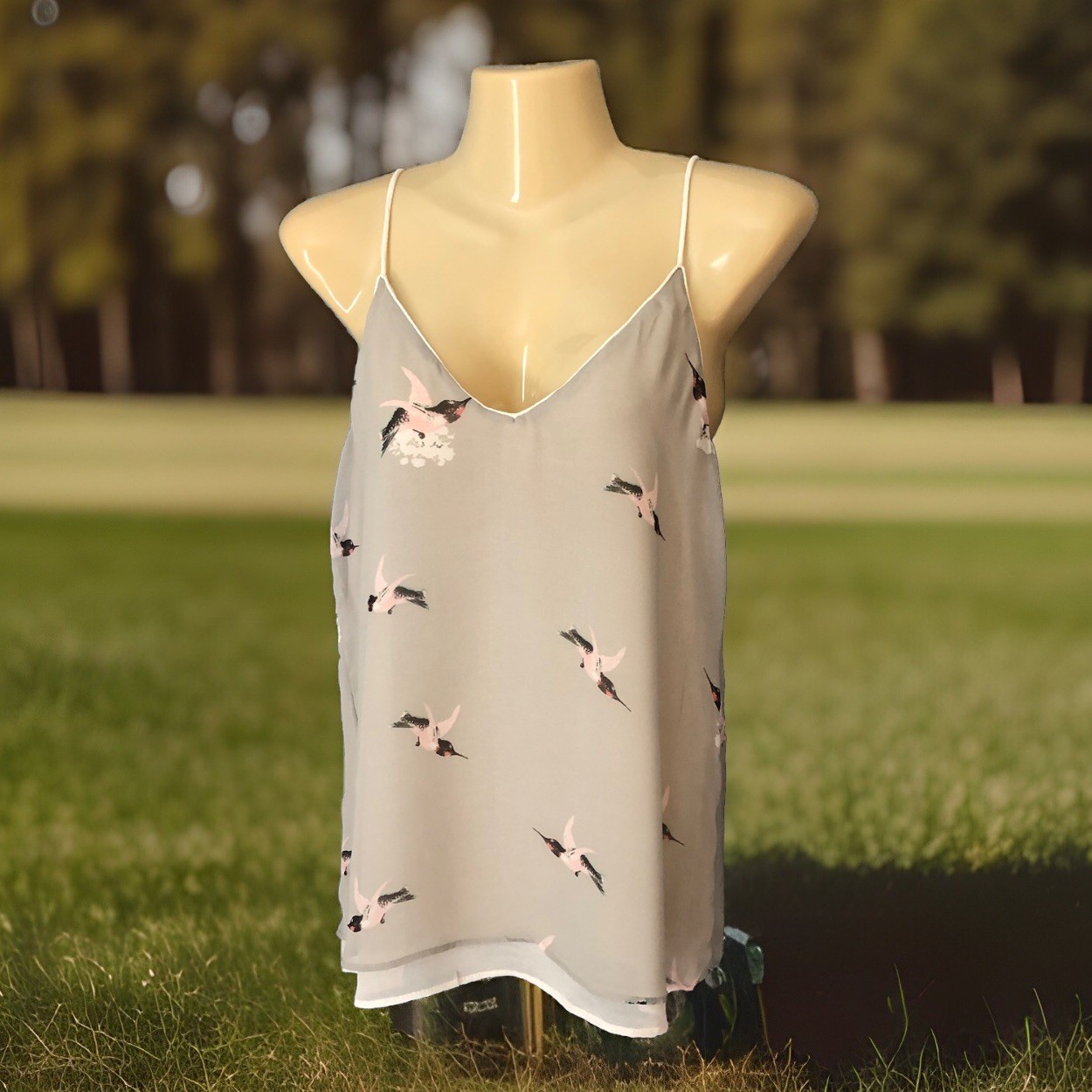 Zara Basic Chiffon Layered Tank Top Sz Small Gray Hummingbird Bird Print